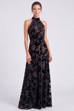 Olive Halter Neck A-Line Velvet Floral Long Formal Dress