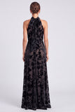 Olive Halter Neck A-Line Velvet Floral Long Formal Dress