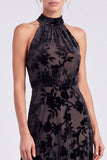 Olive Halter Neck A-Line Velvet Floral Long Formal Dress