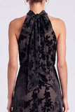 Olive Halter Neck A-Line Velvet Floral Long Formal Dress