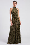 Olive Halter Neck A-Line Velvet Floral Long Formal Dress