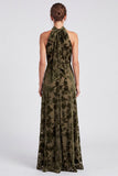 Olive Halter Neck A-Line Velvet Floral Long Formal Dress