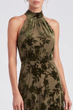 Olive Halter Neck A-Line Velvet Floral Long Formal Dress