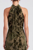 Olive Halter Neck A-Line Velvet Floral Long Formal Dress