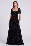 Peacock Blue Square Neck A-Line Velvet Floral Long Formal Dress with Short Sleeves