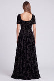 Peacock Blue Square Neck A-Line Velvet Floral Long Formal Dress with Short Sleeves
