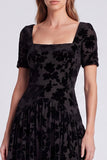 Peacock Blue Square Neck A-Line Velvet Floral Long Formal Dress with Short Sleeves