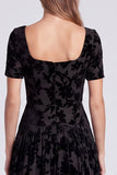 Peacock Blue Square Neck A-Line Velvet Floral Long Formal Dress with Short Sleeves
