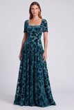 Peacock Blue Square Neck A-Line Velvet Floral Long Formal Dress with Short Sleeves