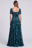 Peacock Blue Square Neck A-Line Velvet Floral Long Formal Dress with Short Sleeves