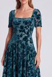 Peacock Blue Square Neck A-Line Velvet Floral Long Formal Dress with Short Sleeves
