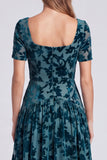 Peacock Blue Square Neck A-Line Velvet Floral Long Formal Dress with Short Sleeves