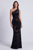 Olive Velvet One Shoulder Floral Ruched Mermaid Long Formal Dress