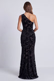 Olive Velvet One Shoulder Floral Ruched Mermaid Long Formal Dress