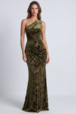 Olive Velvet One Shoulder Floral Ruched Mermaid Long Formal Dress