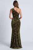 Olive Velvet One Shoulder Floral Ruched Mermaid Long Formal Dress