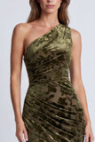 Olive Velvet One Shoulder Floral Ruched Mermaid Long Formal Dress