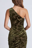 Olive Velvet One Shoulder Floral Ruched Mermaid Long Formal Dress
