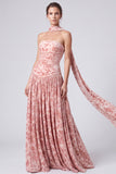 Pink Velvet A-Line Strapless Floral Ruched Long Formal Dress