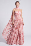 Pink Velvet A-Line Strapless Floral Ruched Long Formal Dress
