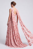 Pink Velvet A-Line Strapless Floral Ruched Long Formal Dress