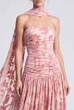 Pink Velvet A-Line Strapless Floral Ruched Long Formal Dress