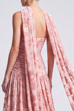 Pink Velvet A-Line Strapless Floral Ruched Long Formal Dress