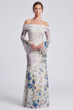 Ivory Off the Shoulder Mermaid Floral Long Formal Dress with Long Sleeves