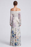 Ivory Off the Shoulder Mermaid Floral Long Formal Dress with Long Sleeves