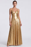 Gold A-Line Metallic Spaghetti Straps Long Formal Dress