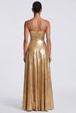 Gold A-Line Metallic Spaghetti Straps Long Formal Dress