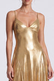 Gold A-Line Metallic Spaghetti Straps Long Formal Dress