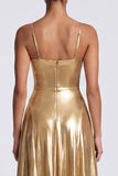 Gold A-Line Metallic Spaghetti Straps Long Formal Dress