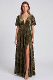 Olive A-Line Floral V-Neck Mother Of the Bride Dress with Slit