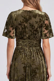 Olive A-Line Floral V-Neck Mother Of the Bride Dress with Slit