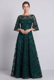 Dark Green A-Line Bateau Neck Sequins Long Mother of the Bride Dress
