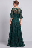Dark Green A-Line Bateau Neck Sequins Long Mother of the Bride Dress
