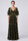 Olive V-Neck Velvet A-Line Floral Long Formal Dress with Half Sleeves