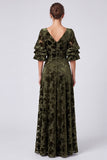 Olive V-Neck Velvet A-Line Floral Long Formal Dress with Half Sleeves