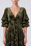 Olive V-Neck Velvet A-Line Floral Long Formal Dress with Half Sleeves