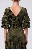 Olive V-Neck Velvet A-Line Floral Long Formal Dress with Half Sleeves