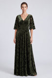 A-Line Olive V-Neck Velvet Floral Ruched Long Formal Dress with Half Sleeves