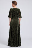 A-Line Olive V-Neck Velvet Floral Ruched Long Formal Dress with Half Sleeves
