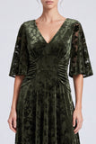A-Line Olive V-Neck Velvet Floral Ruched Long Formal Dress with Half Sleeves