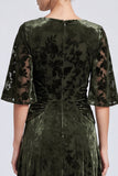 A-Line Olive V-Neck Velvet Floral Ruched Long Formal Dress with Half Sleeves