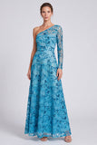 One Shoulder Blue A-Line Floral Sequins Long Formal Dress with Long Sleeve