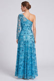 One Shoulder Blue A-Line Floral Sequins Long Formal Dress with Long Sleeve