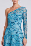 One Shoulder Blue A-Line Floral Sequins Long Formal Dress with Long Sleeve