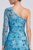 One Shoulder Blue A-Line Floral Sequins Long Formal Dress with Long Sleeve