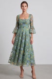 Dusty Sage A-Line Floral Square Neck Midi Formal Dress with Flare Sleeves
